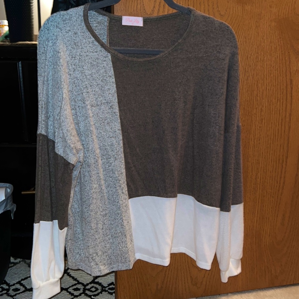 Pink Lily Colorblock Sweater- Size small. Cream/Olive/Grey